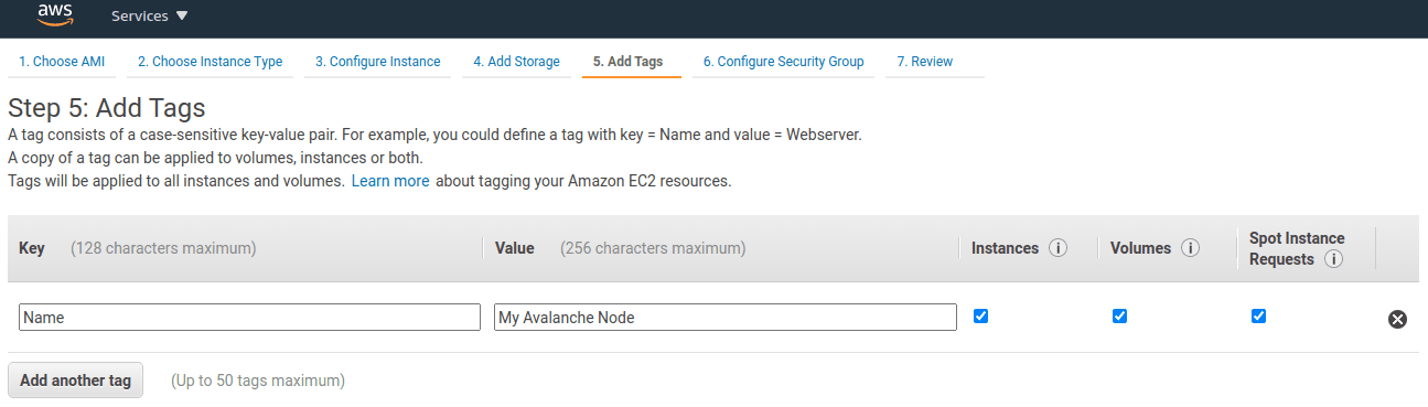 Add a tag with key "Name" and value "My Avalanche Node."